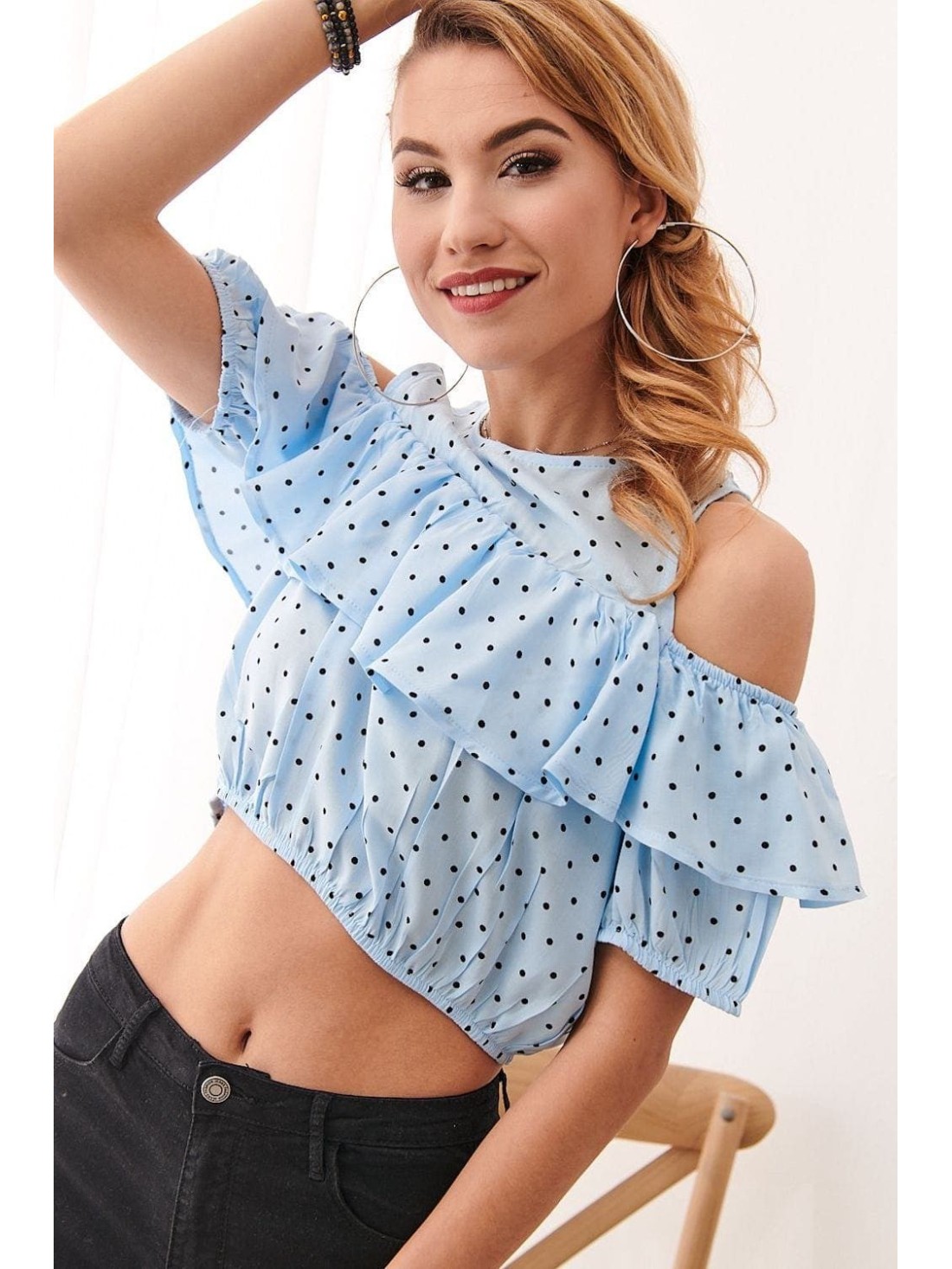 Light blue short blouse with polka dots 21521 - Online store - Boutique